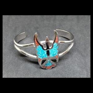 Vintage 1980s Native American NAVAJO Sterling Turquoise Coral Peyote Bird Cuff